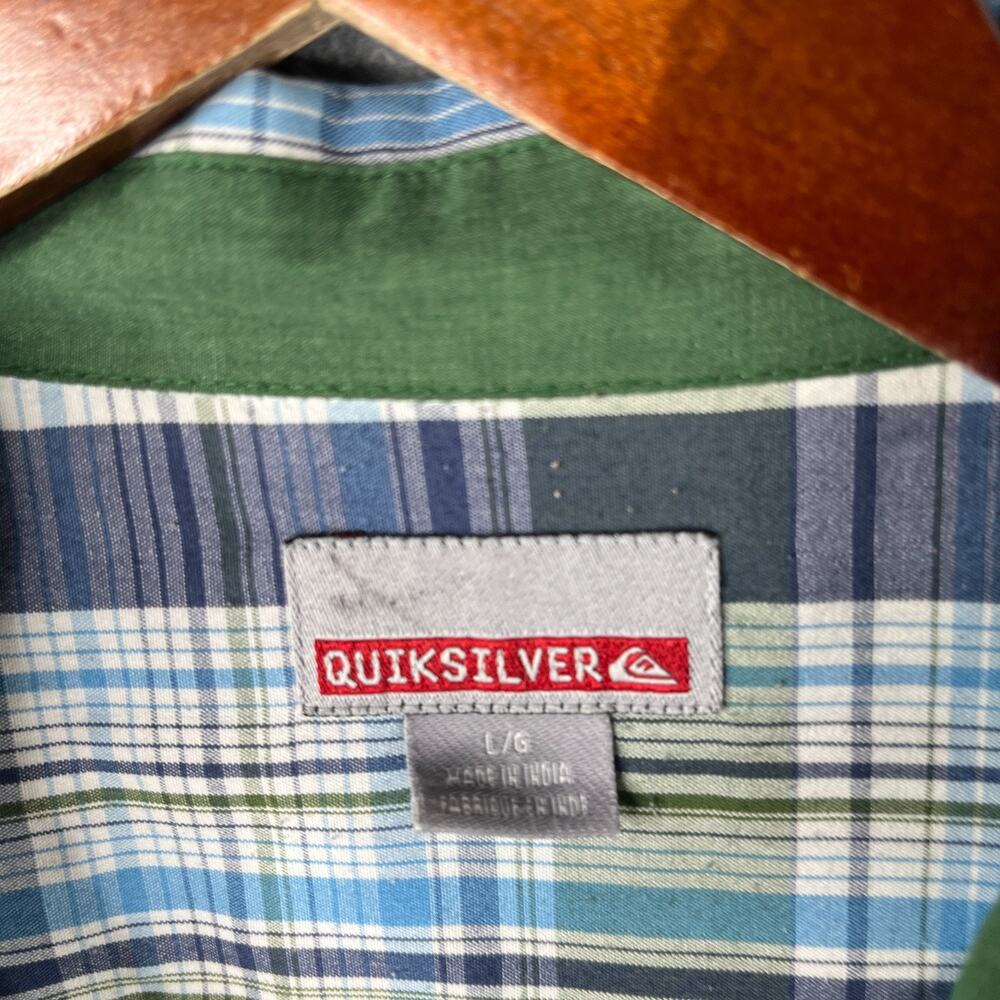 Quiksilver Plaid Shirt Green Blue Pocket beach Casual Button Up Short Sleeve L - Picture 5 of 9
